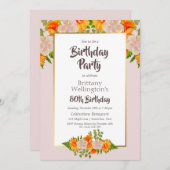 Invitation Bordure d'or rose floral 80e anniversaire (Devant / Derrière)