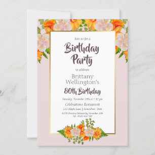 Invitation Bordure d'or rose floral 80e anniversaire