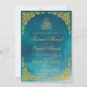 Invitation Bordure dorée chic turquoise Mariage musulman isla (Devant)