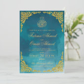 Invitation Bordure dorée chic turquoise Mariage musulman isla (Debout devant)