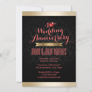 Invitation Bordure dorée Damassé noir Rubis Mariage Anniversa