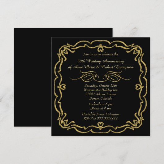Invitation Bordure dorée Noir Cinquantenaire doré (Devant / Derrière)