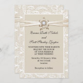 Invitation Bordure en dentelle avec mariage en ruban beige (Devant / Derrière)