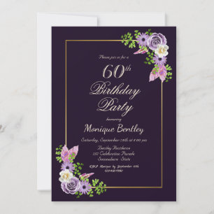 Invitation Bordure en or floral lavande violet 60e anniversai