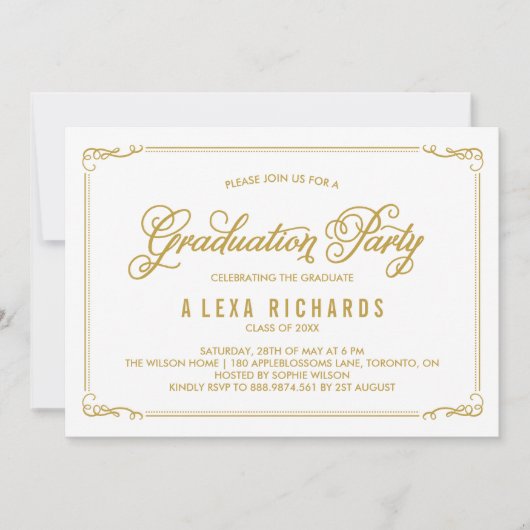 Invitation Bordure et script Gold Whimsical Graduation (Devant)