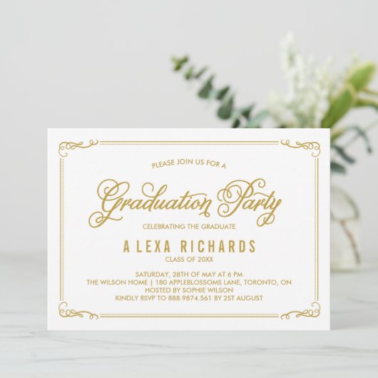 Invitation Bordure et script Gold Whimsical Graduation (Debout devant)
