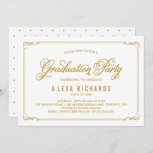 Invitation Bordure et script Gold Whimsical Graduation (Devant / Derrière)