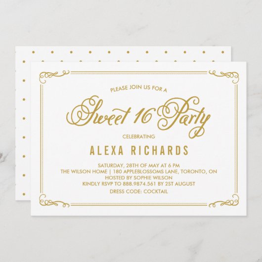 Invitation Bordure et script Whimsical | Sweet sixteen or (Devant / Derrière)