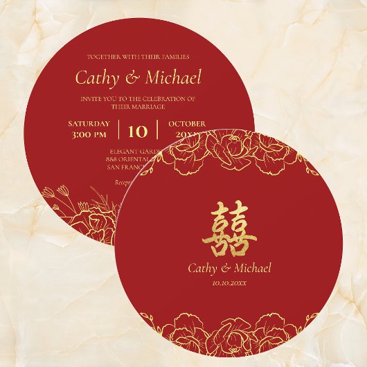 Invitation Bordure fleurie or rouge mariage chinois double xi