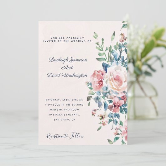 Invitation Bordure fleurie rose et bleu (Debout devant)