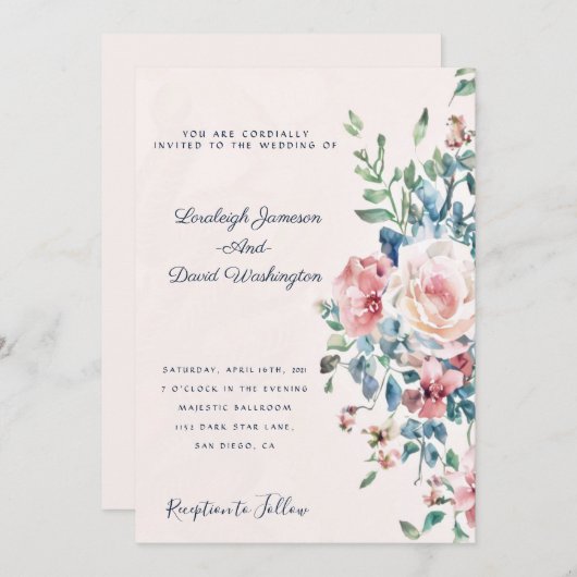 Invitation Bordure fleurie rose et bleu (Devant / Derrière)