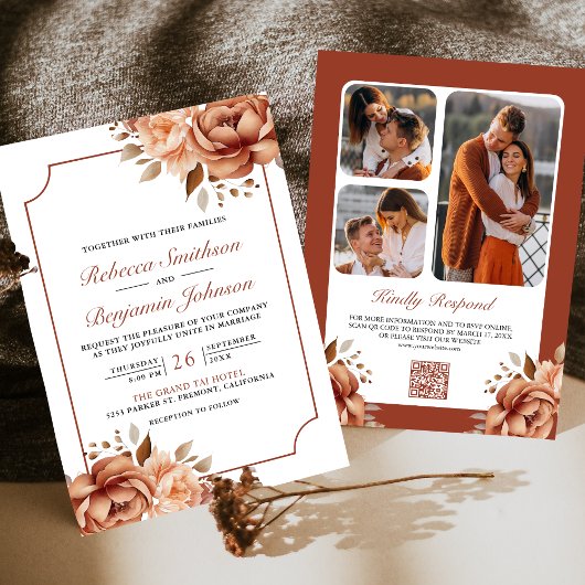 Invitation Bordure florale en terre cuite Code QR Photo Maria