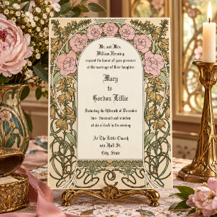 Invitation Bordure florale rose Art Nouveau par Alphonse Much