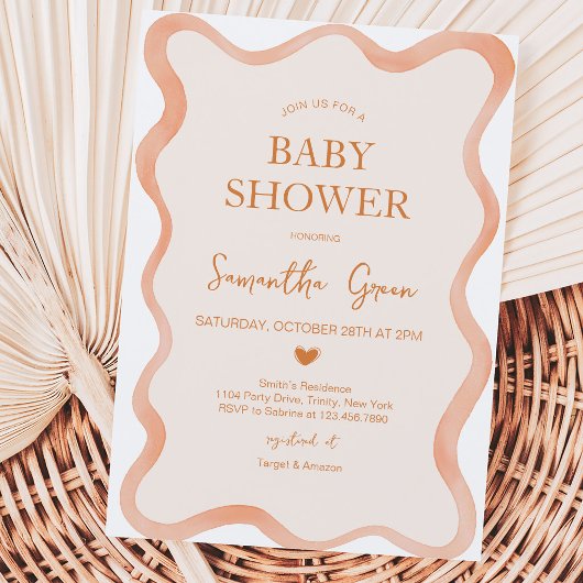 Invitation Bordure Ondulée Baby Shower Rustique Orange