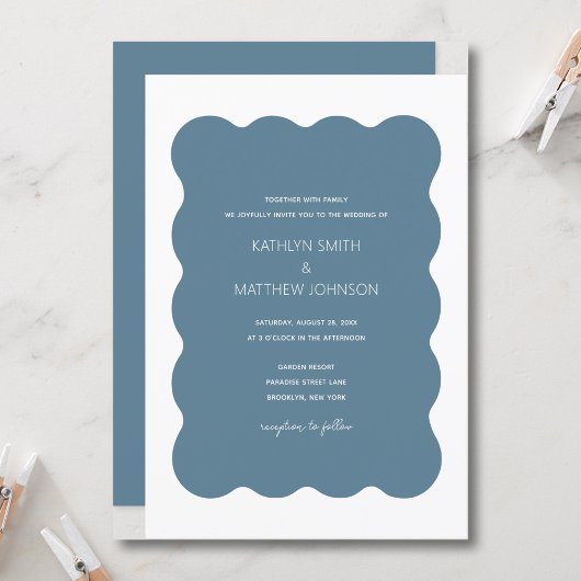 Invitation Bordure ondulée moderne rétro Dusty Mariage bleu