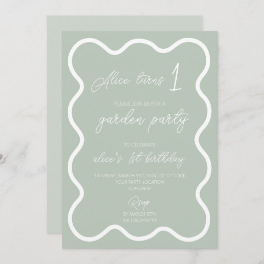 Invitation Bordure ondulée verte Sage blanc 1er anniversaire (Devant / Derrière)