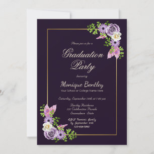 Invitation Bordure or Lavande Florale Purple Graduation