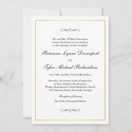 Invitation Bordure or Mariage classique simple élégance (Devant)