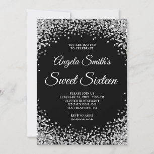 Invitation Bordure Pailletée Argent Anniversaire 16 Ans Noir