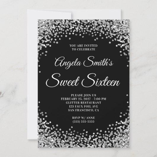 Invitation Bordure Pailletée Argent Anniversaire 16 Ans Noir (Devant)