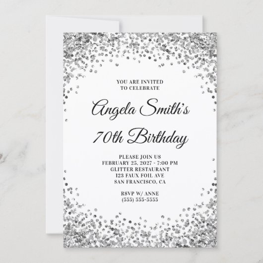 Invitation Bordure Pailletée Argent Anniversaire 70 Ans Blanc (Devant)