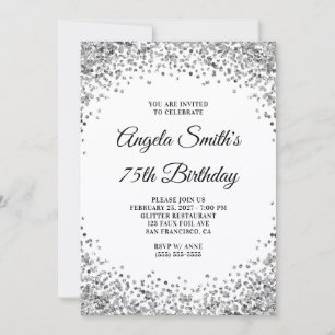 Invitation Bordure Pailletée Argent Anniversaire 75 Ans Blanc
