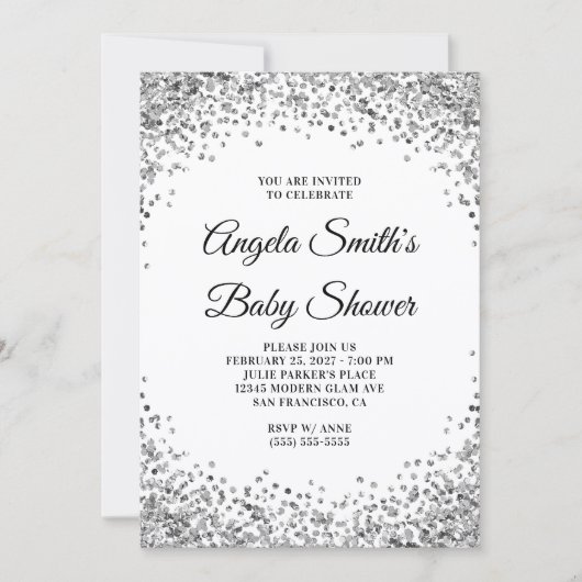 Invitation Bordure Pailletée Argent Baptême Blanc Bébé (Devant)