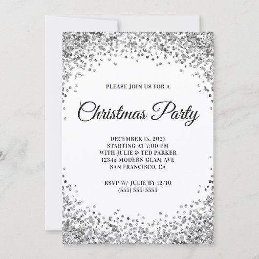 Invitation Bordure Pailletée Argent Fête de Noël Blanche (Devant)
