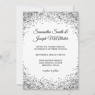 Invitation Bordure Pailletée Argentée Mariage Blanc