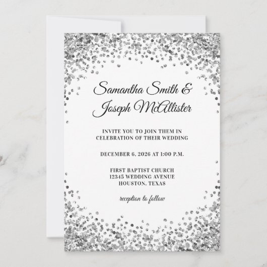 Invitation Bordure Pailletée Argentée Mariage Blanc (Devant)