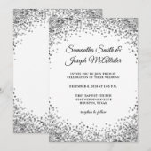 Invitation Bordure Pailletée Argentée Mariage Blanc (Devant / Derrière)