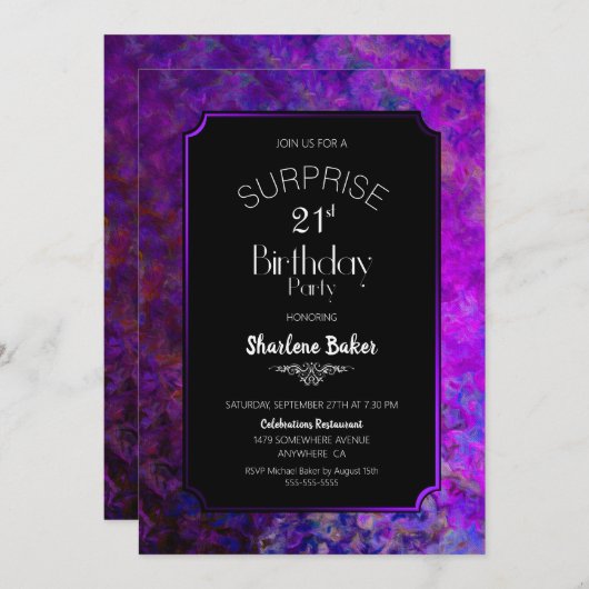 Invitation Bordure pourpre Noir Surprise 21e fête d'anniversa (Devant / Derrière)