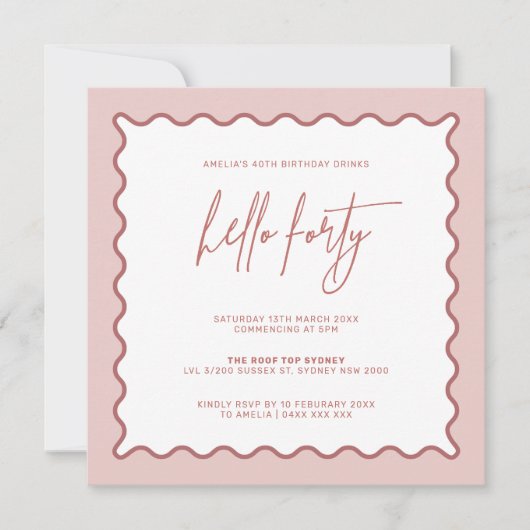 Invitation Bordure rose Vavy Bonjour Quarante Anniversaire In (Devant)