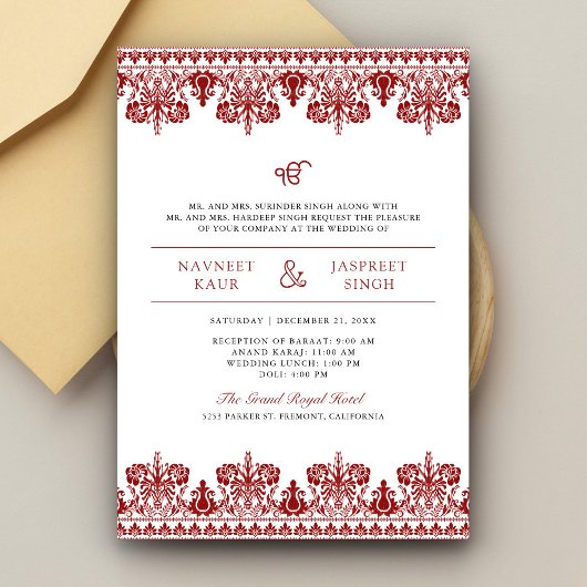 Invitation Bordure rouge Damask Anand Karaj Sikh Mariage