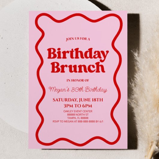 Invitation Bordure rouge rose rétro vague Anniversaire Brunch