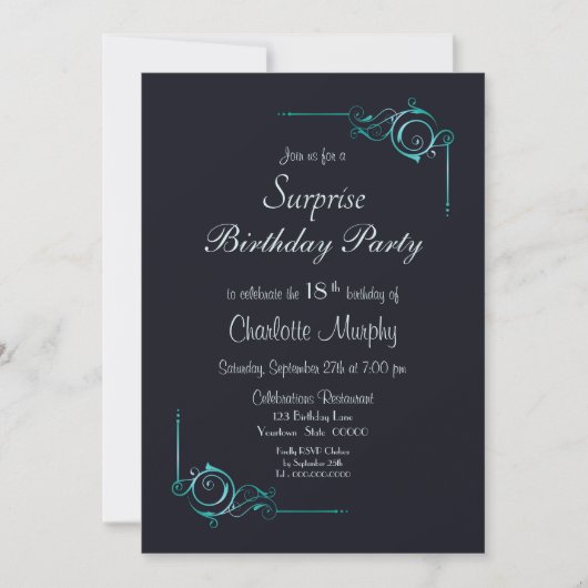Invitation Bordure turquoise Surprise 18e anniversaire fête (Devant)