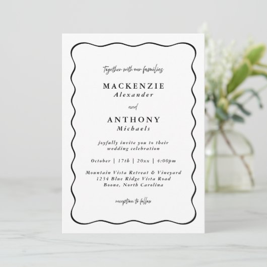 Invitation Bordure Wavy Noir Mariage manuscrit Tout en un (Debout devant)