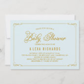 Invitation Bordures en or Whimsical Baby shower bleu clair (Devant)