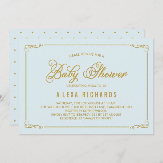 Invitation Bordures en or Whimsical Baby shower bleu clair (Devant / Derrière)
