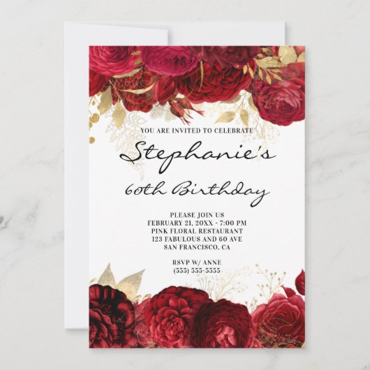 Invitation Bordures florales or et rouge 60e anniversaire (Devant)