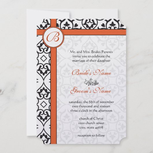 Invitation Bordures latérales en damas noir Mariage en minet (Dos)