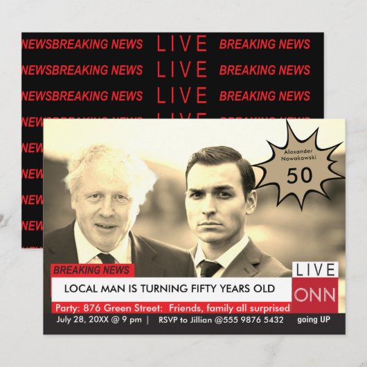 Invitation Boris Johnson 50th Birthday Mens Funny TV News (Devant / Derrière)