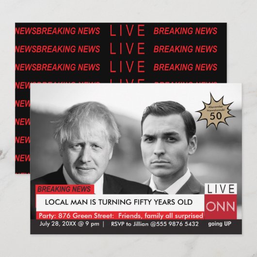 Invitation Boris Johnson Funny TV News 50e anniversaire (Devant / Derrière)