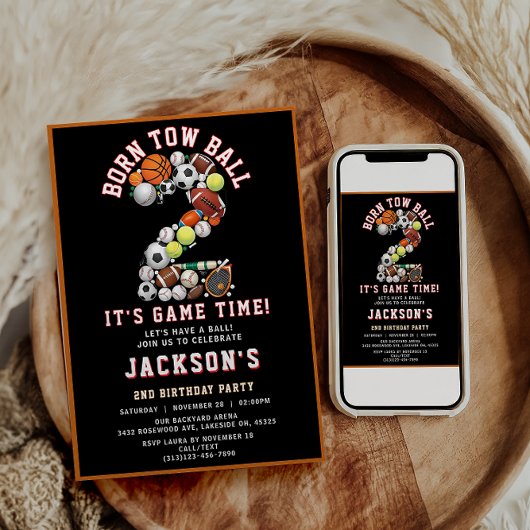 Invitation Born 2 Ball Sport Themed Boy 2nd Birthday Party