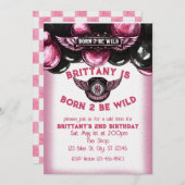 Invitation Born 2 Be Wild Pink, Black Motorcycle 2nd Birthday (Devant / Derrière)