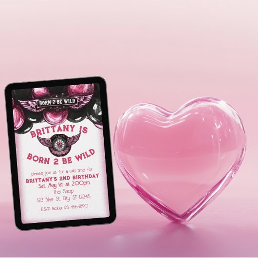 Invitation Born 2 Be Wild Pink, Black Motorcycle 2nd Birthday