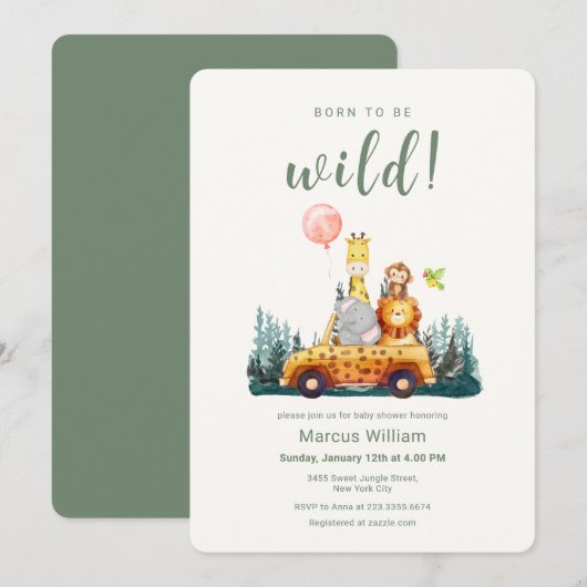 Invitation Born To Be Wild Safari Animals Baby Shower (Devant / Derrière)