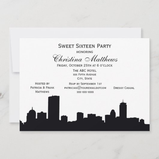 Invitation Boston Black Skyline Silhouette Sweet 16 Party (Devant)