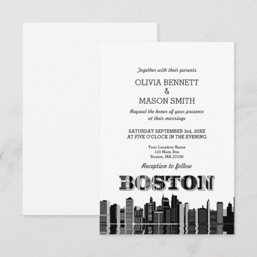 Invitation Boston Ma Skyline Cityscape (Devant / Derrière)