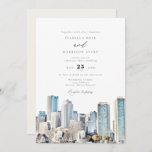 Invitation BOSTON Massachusetts Aquarelle Skyline Mariage dan (Devant / Derrière)